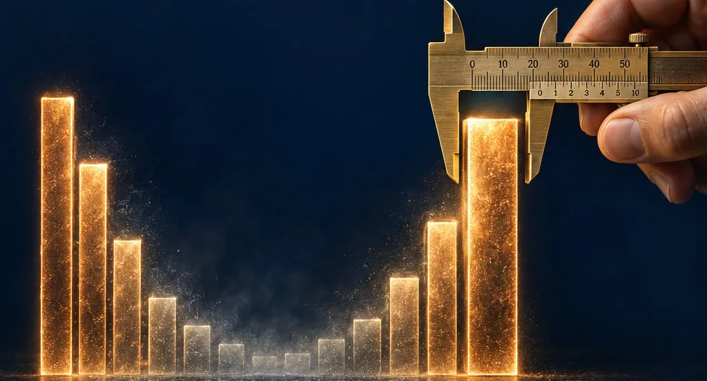 Illustration: glowing histogram bars forming a U shape, the tallest edge bar measured with calipers.