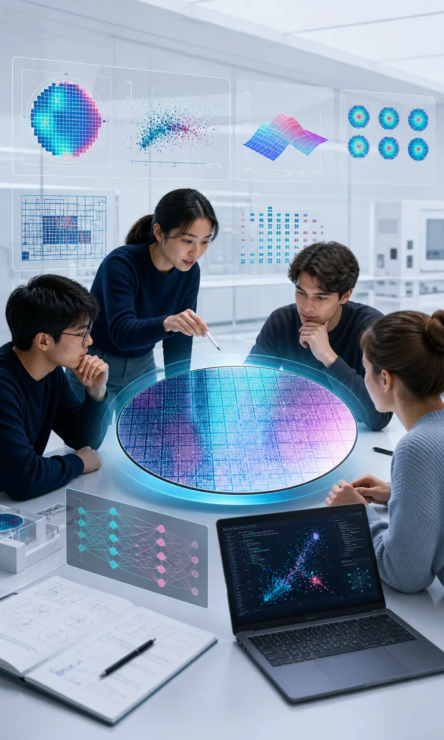 네 명의 수강생이 웨이퍼 공정 데이터와 AI 분석 결과를 함께 검토하는 교육 장면
